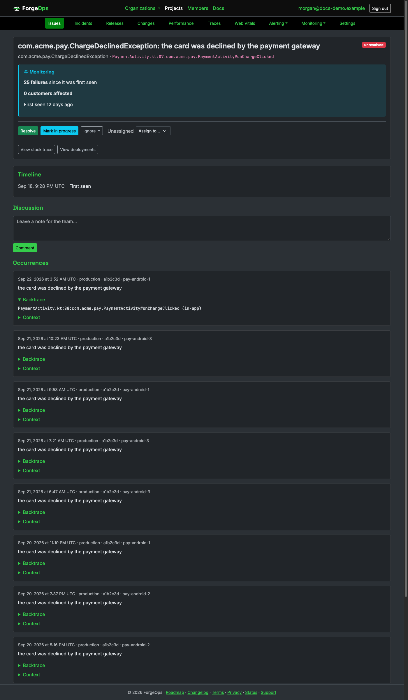An Android issue's detail page, showing its fully-qualified exception class and backtrace