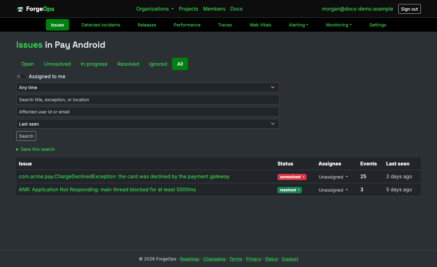 The issue list for a project reporting from an Android app