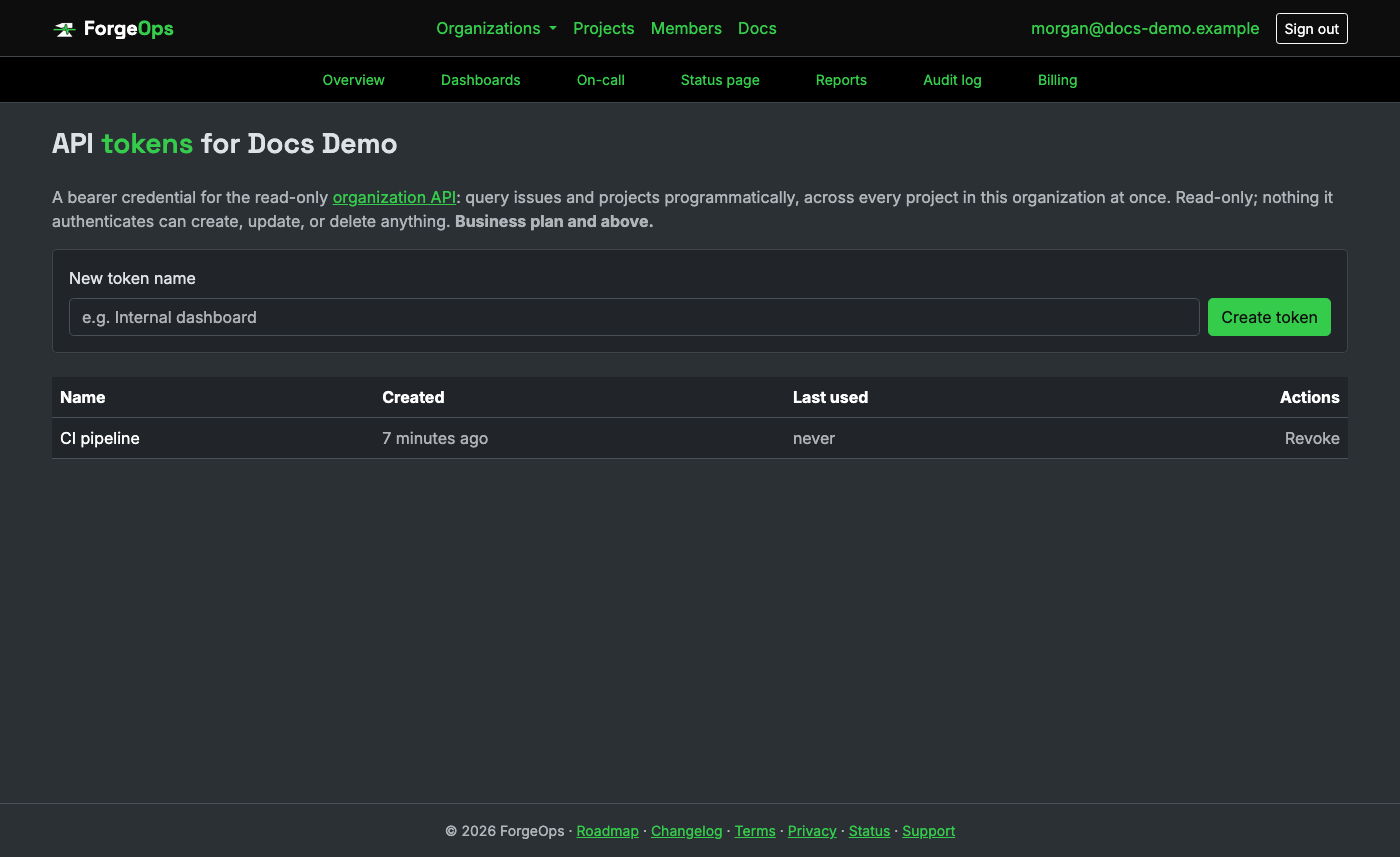 The API tokens settings for an organization