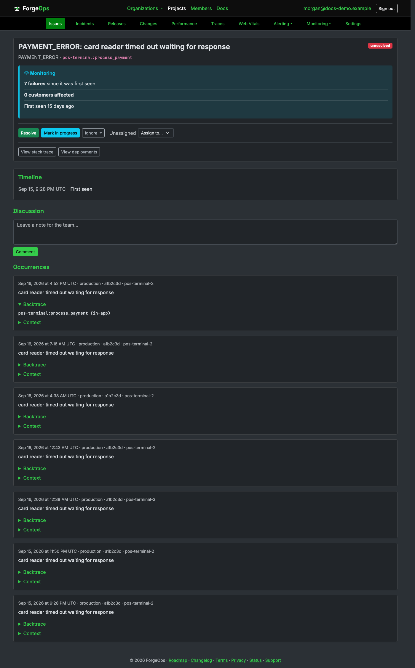 A C issue's detail page, showing its backtrace of binary image names and symbols, with no file paths or line numbers