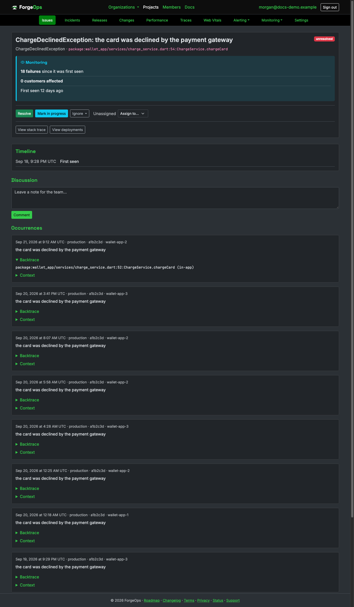 A Dart issue's detail page, showing its backtrace parsed from a Dart StackTrace