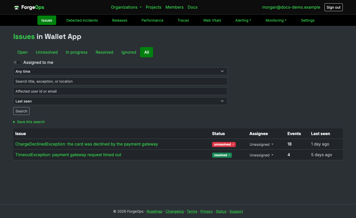 The issue list for a project reporting from a Dart/Flutter app