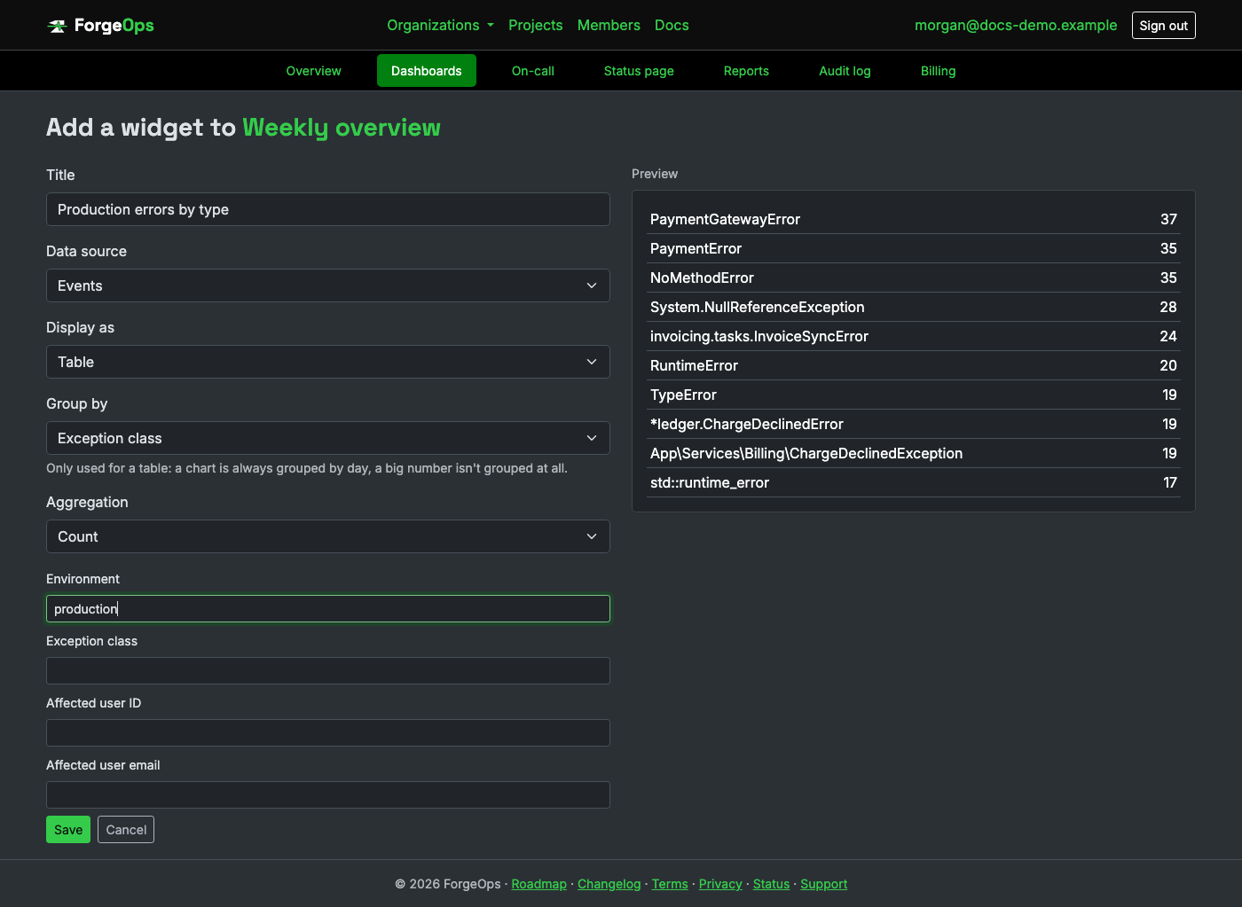 The widget builder form, configuring a table of production events grouped by exception class, with a live preview of the result alongside it