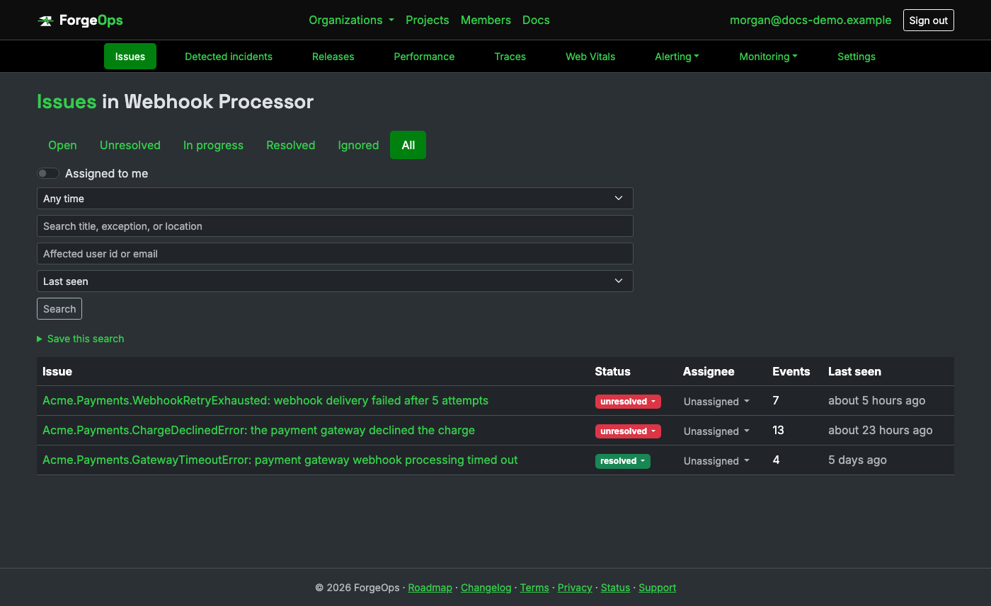 The issue list for a project reporting from an Elixir app