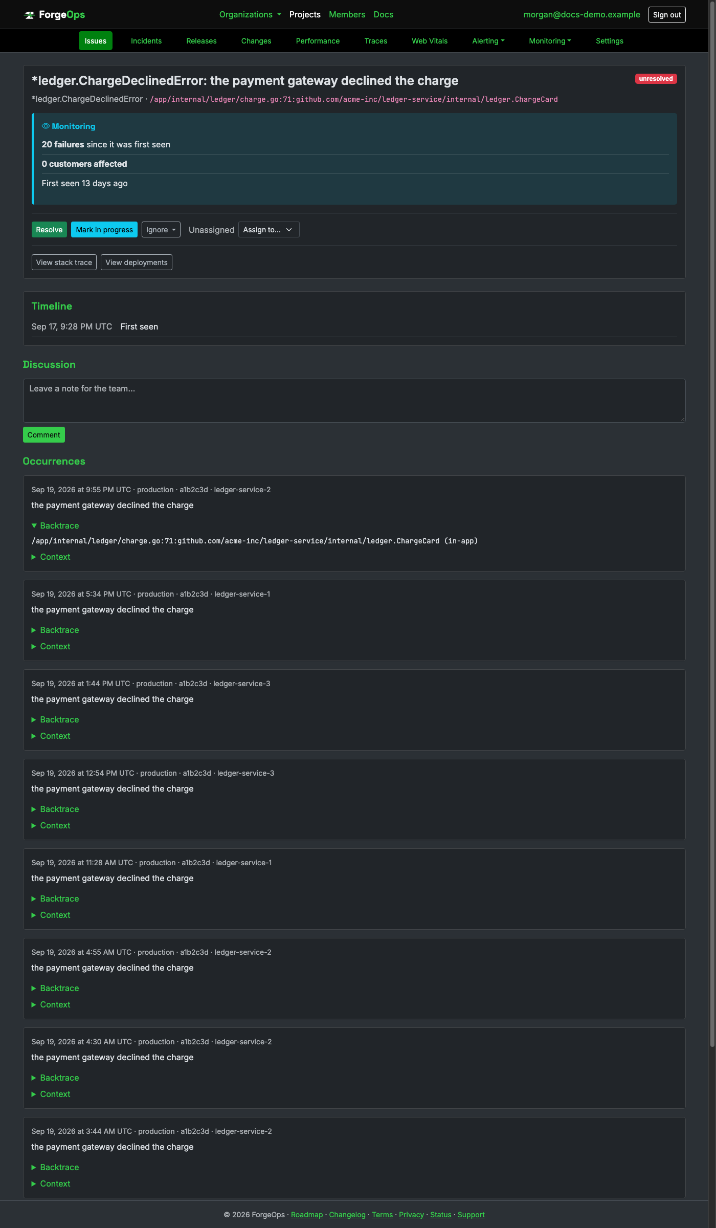 A Go issue's detail page, showing its backtrace captured from runtime.Callers
