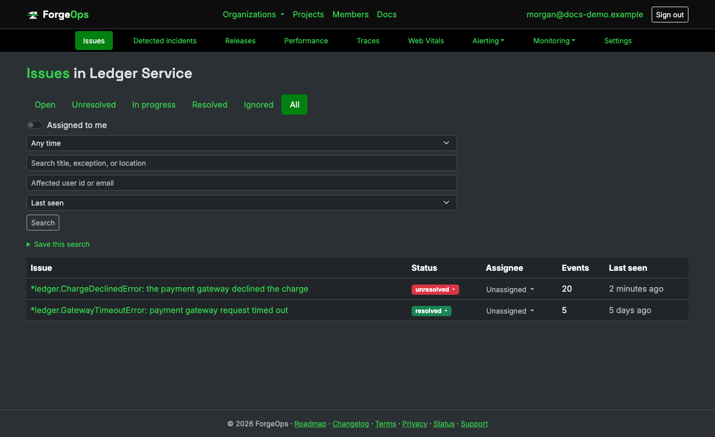 The issue list for a project reporting from a Go app