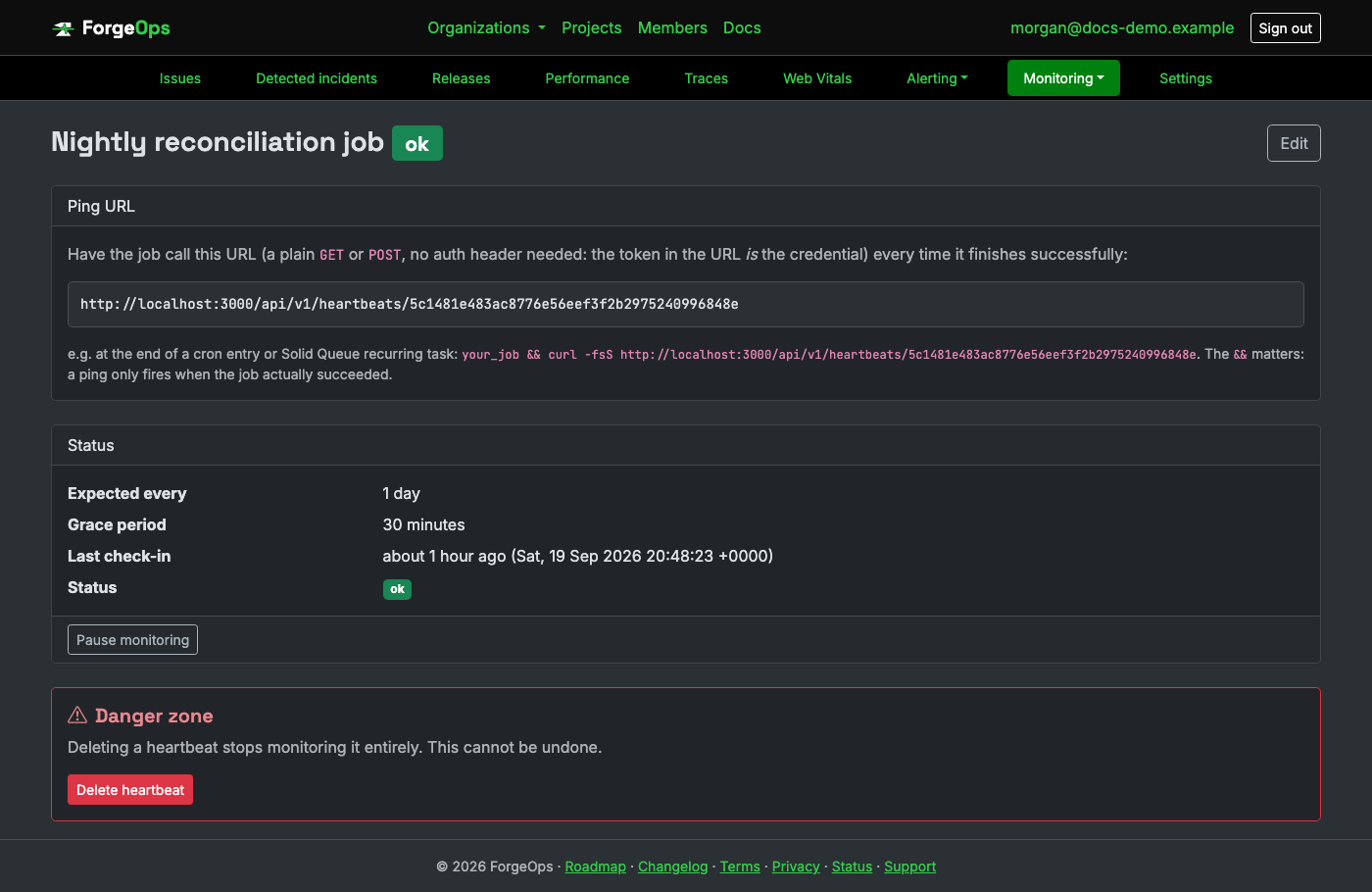 A heartbeat's detail page, showing its ping URL and status
