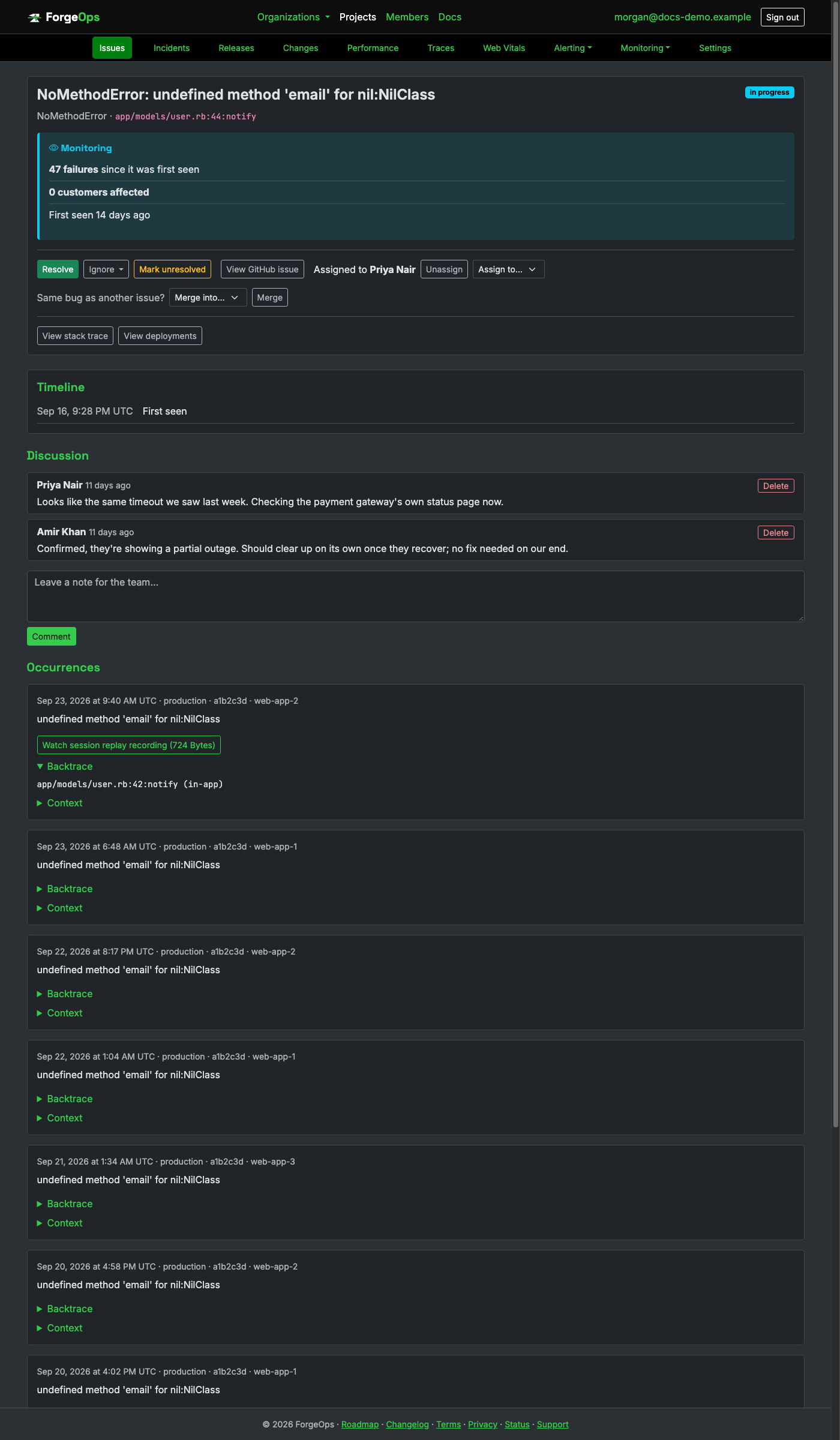 An issue's detail page: its verdict with failures, customers affected, and when it was first seen, the triage buttons, its timeline, the discussion, and its occurrences
