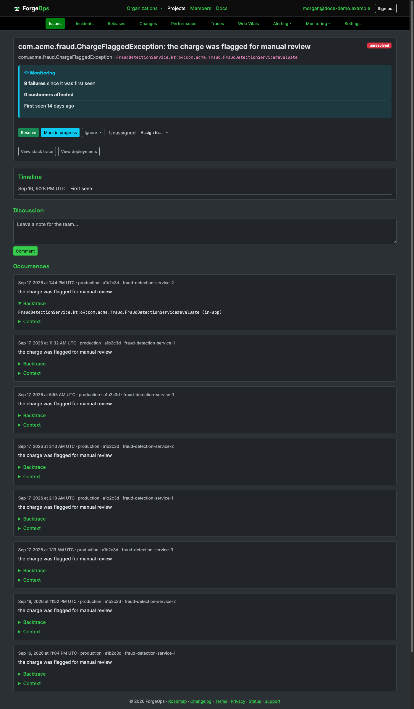 A Kotlin issue's detail page, showing its fully-qualified exception class and StackTraceElement backtrace