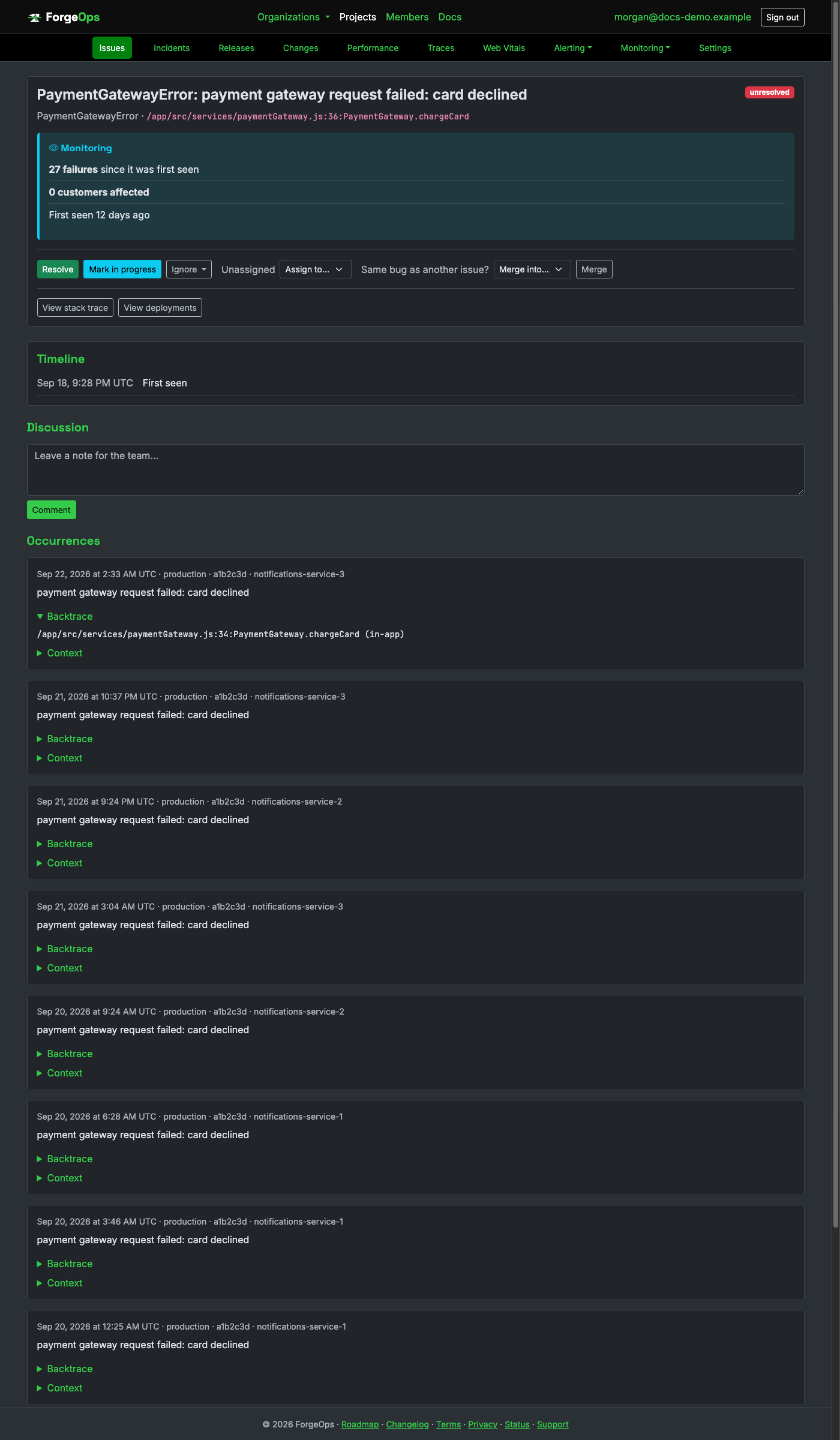 A Node.js issue's detail page, showing its backtrace parsed from Error#stack