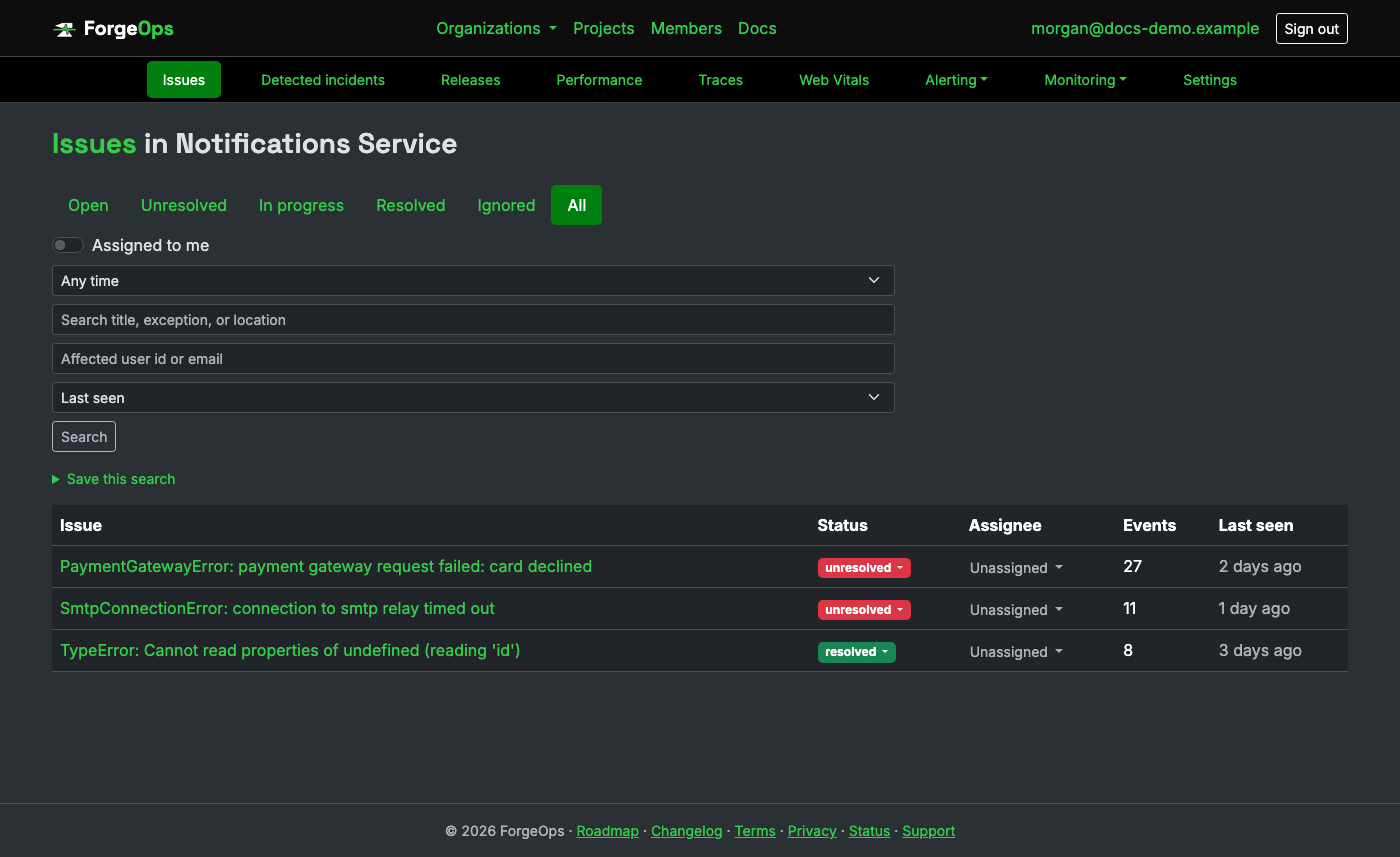 The issue list for a project reporting from a Node.js app