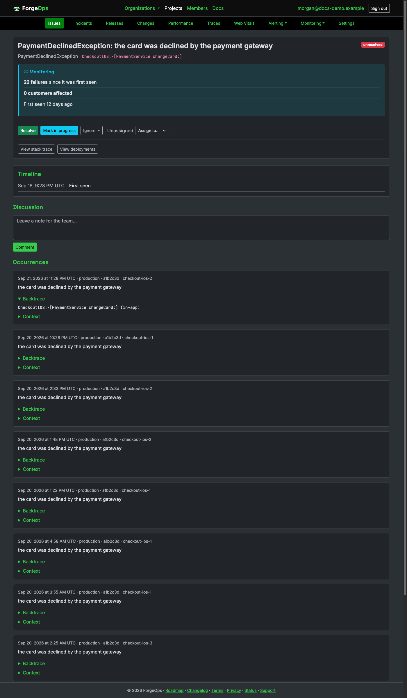 An Objective-C issue's detail page, showing its callStackSymbols-based backtrace with no line numbers