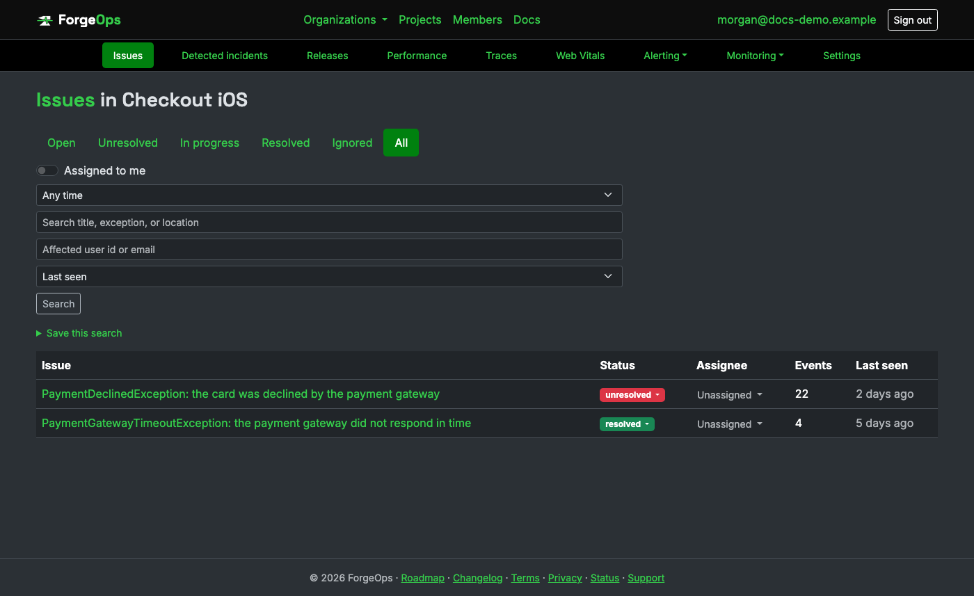 The issue list for a project reporting from an Objective-C app