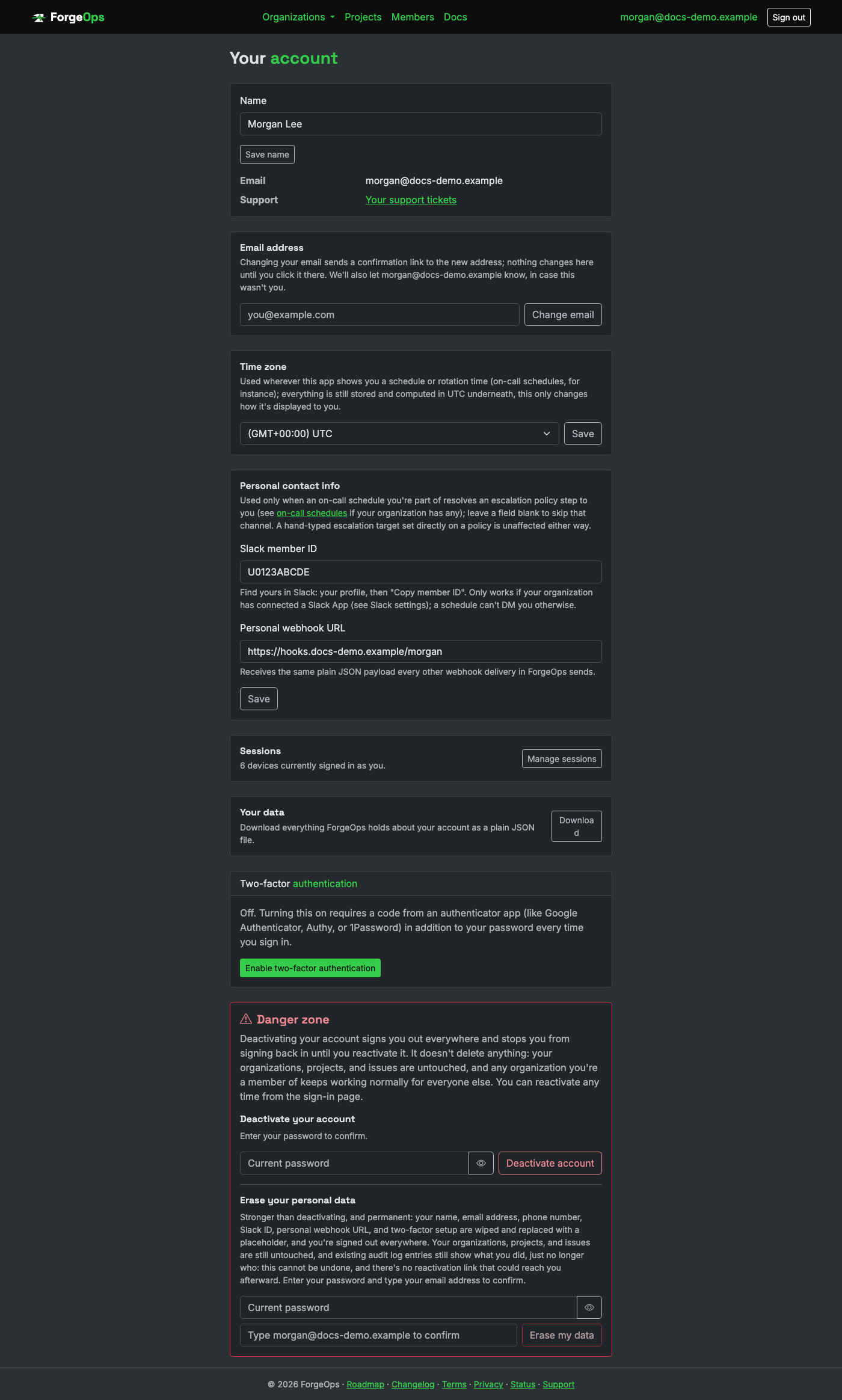 The account page, showing time zone and personal contact info settings