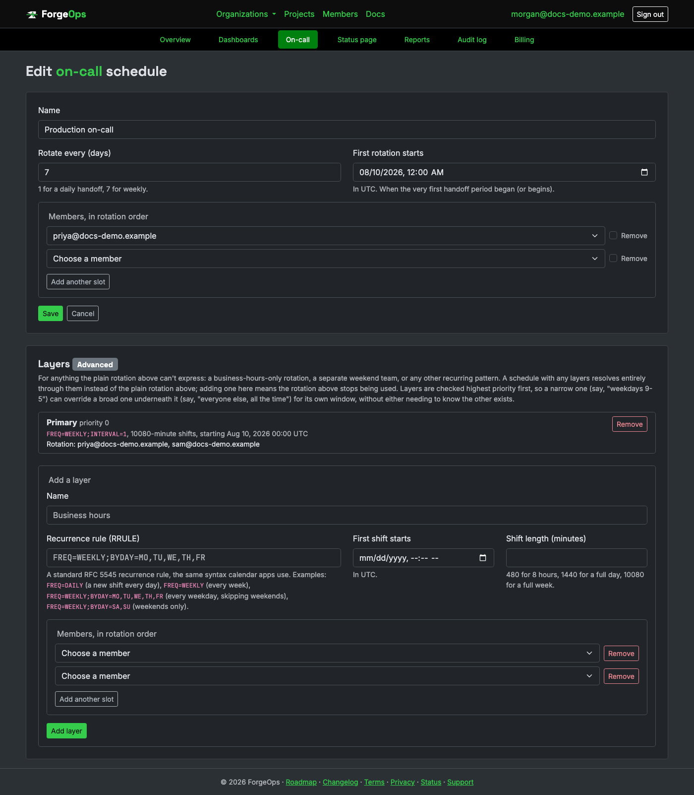 An on-call schedule's edit page, showing a business-hours layer built from a recurrence rule