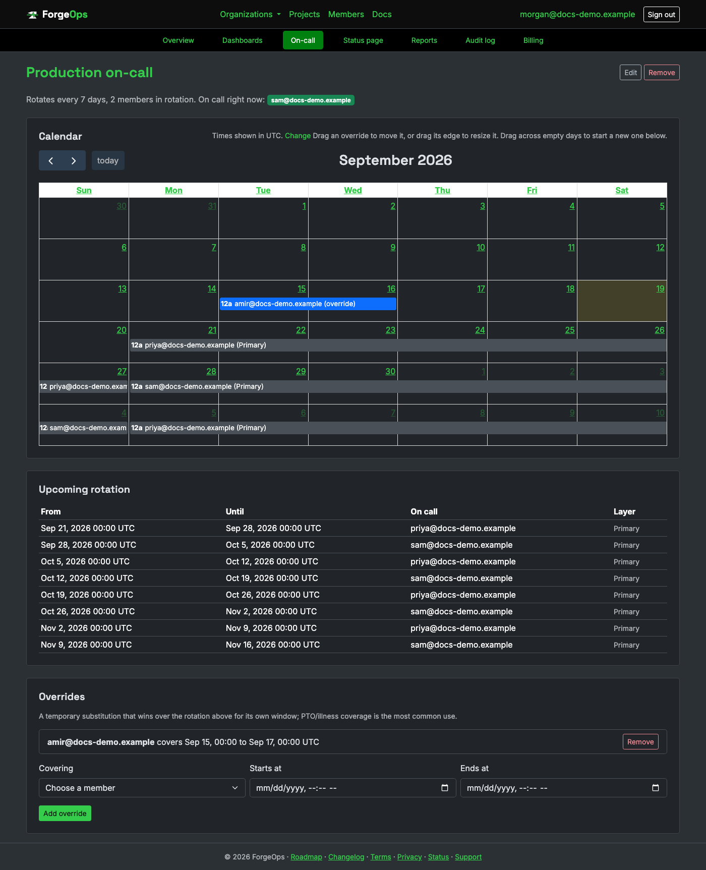 An on-call schedule's page, showing its calendar, upcoming rotation, and overrides
