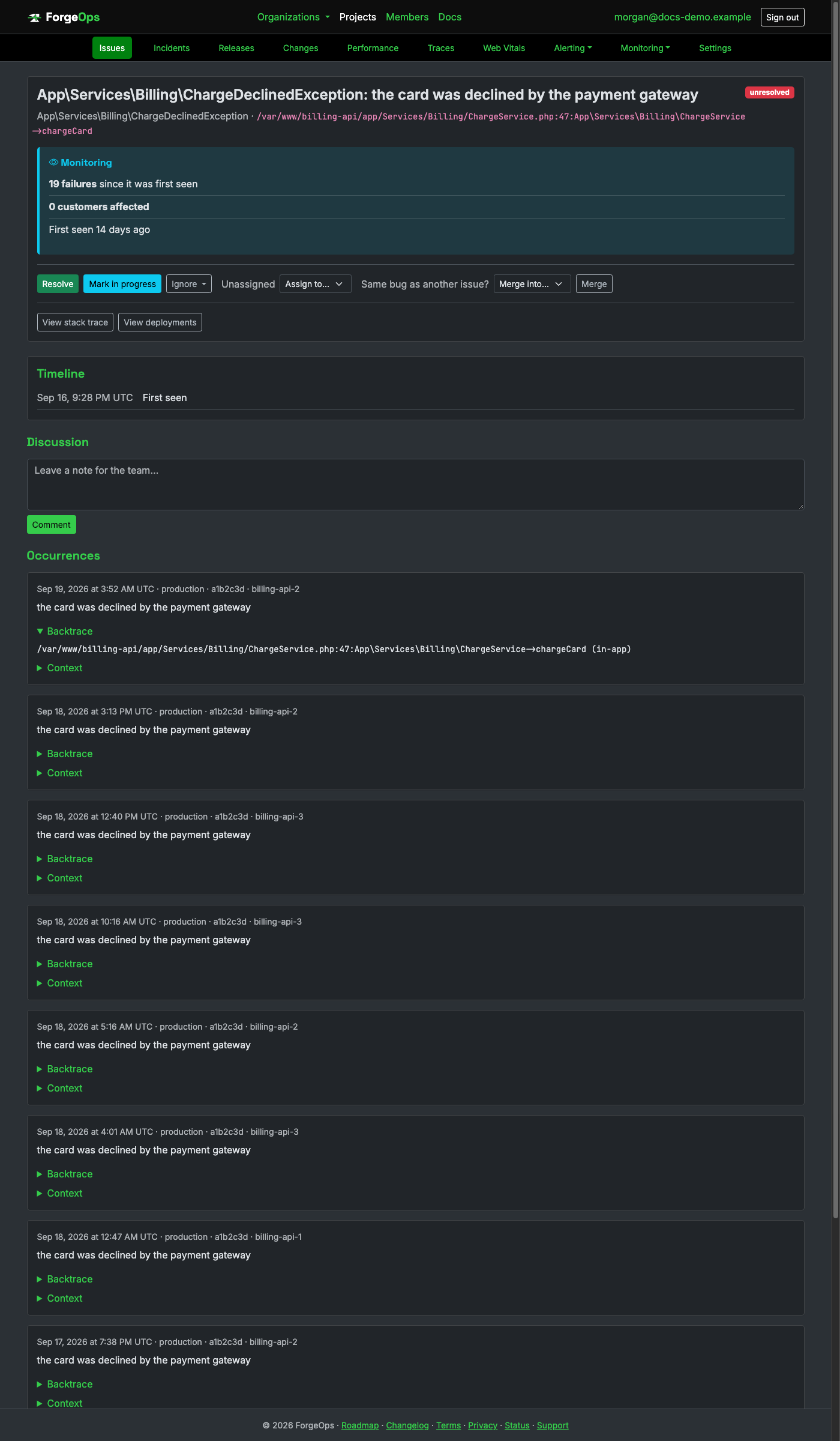 A PHP issue's detail page, showing its fully-namespaced exception class and backtrace