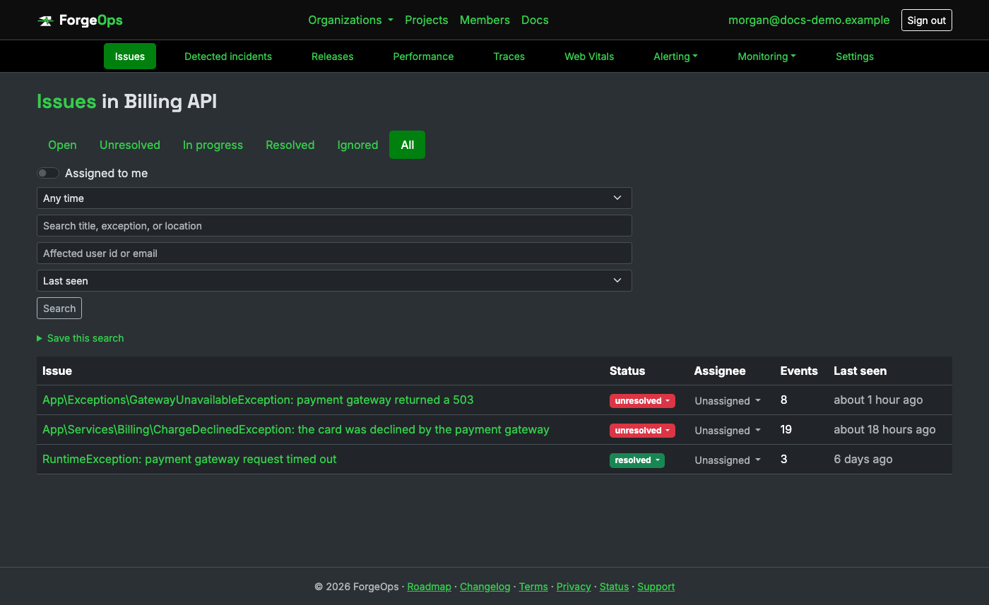 The issue list for a project reporting from a PHP app