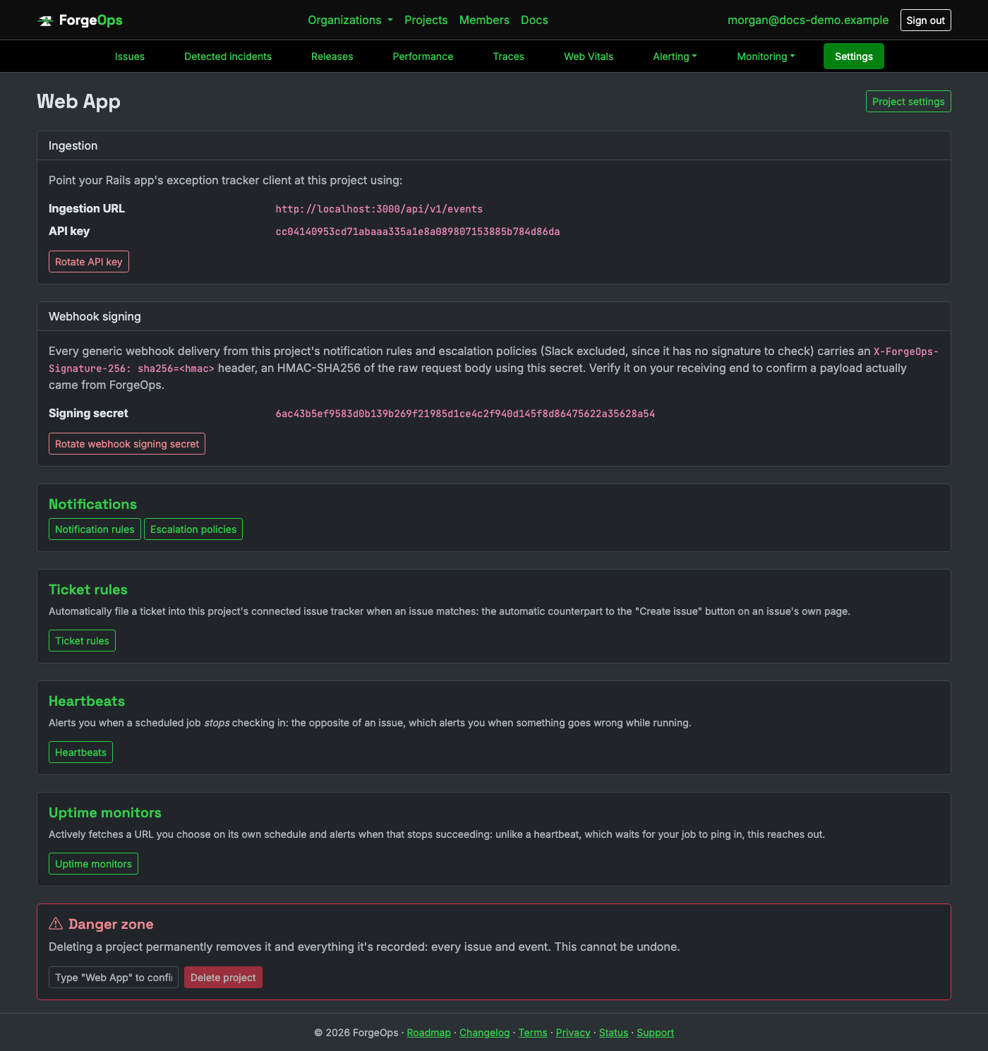 A project's Settings page, showing its DSN, ingestion URL, and API key