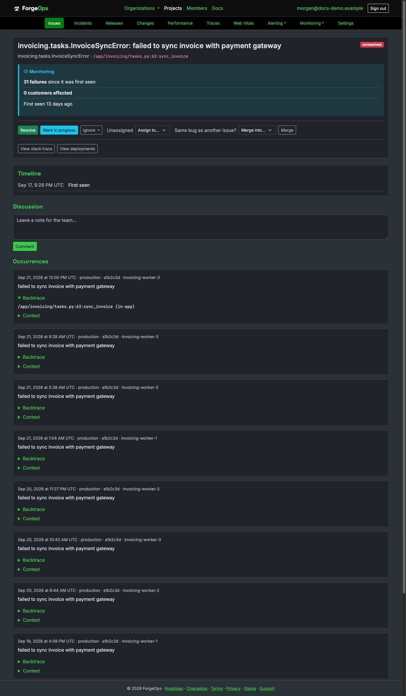 A Python issue's detail page, showing its module-qualified exception class and backtrace
