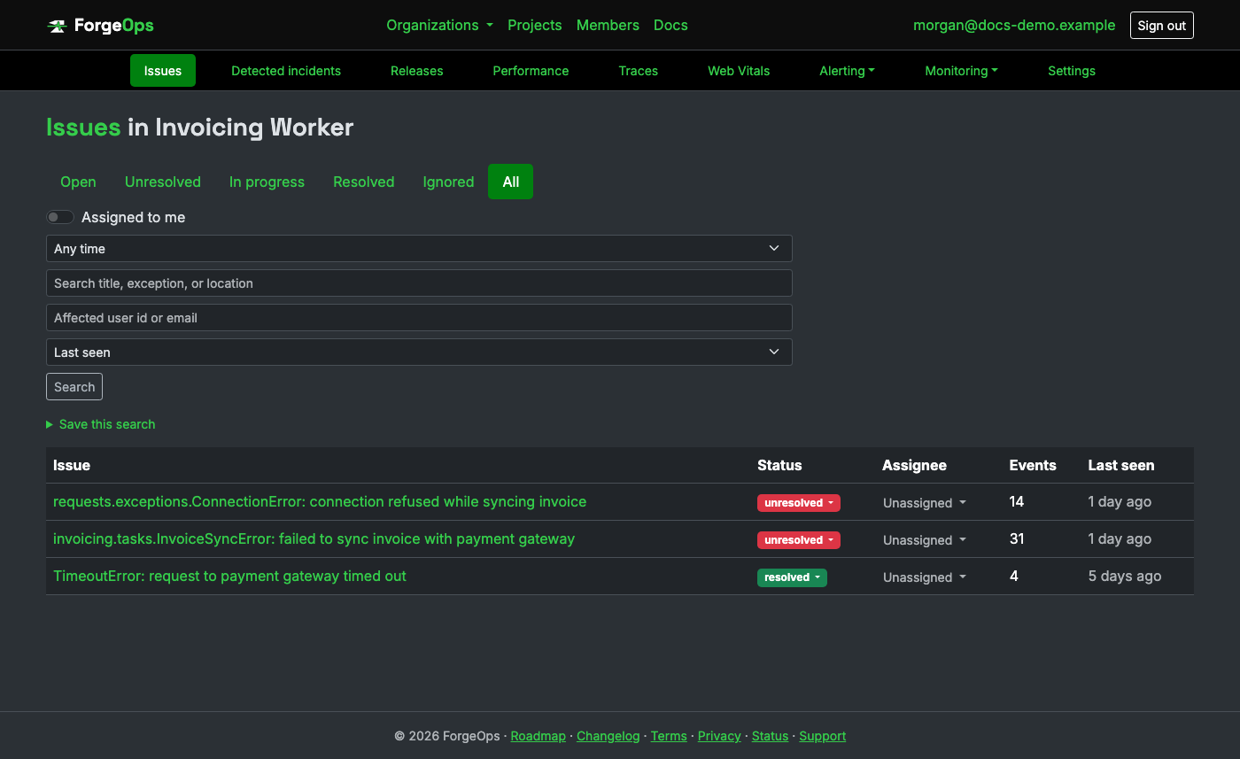 The issue list for a project reporting from a Python app