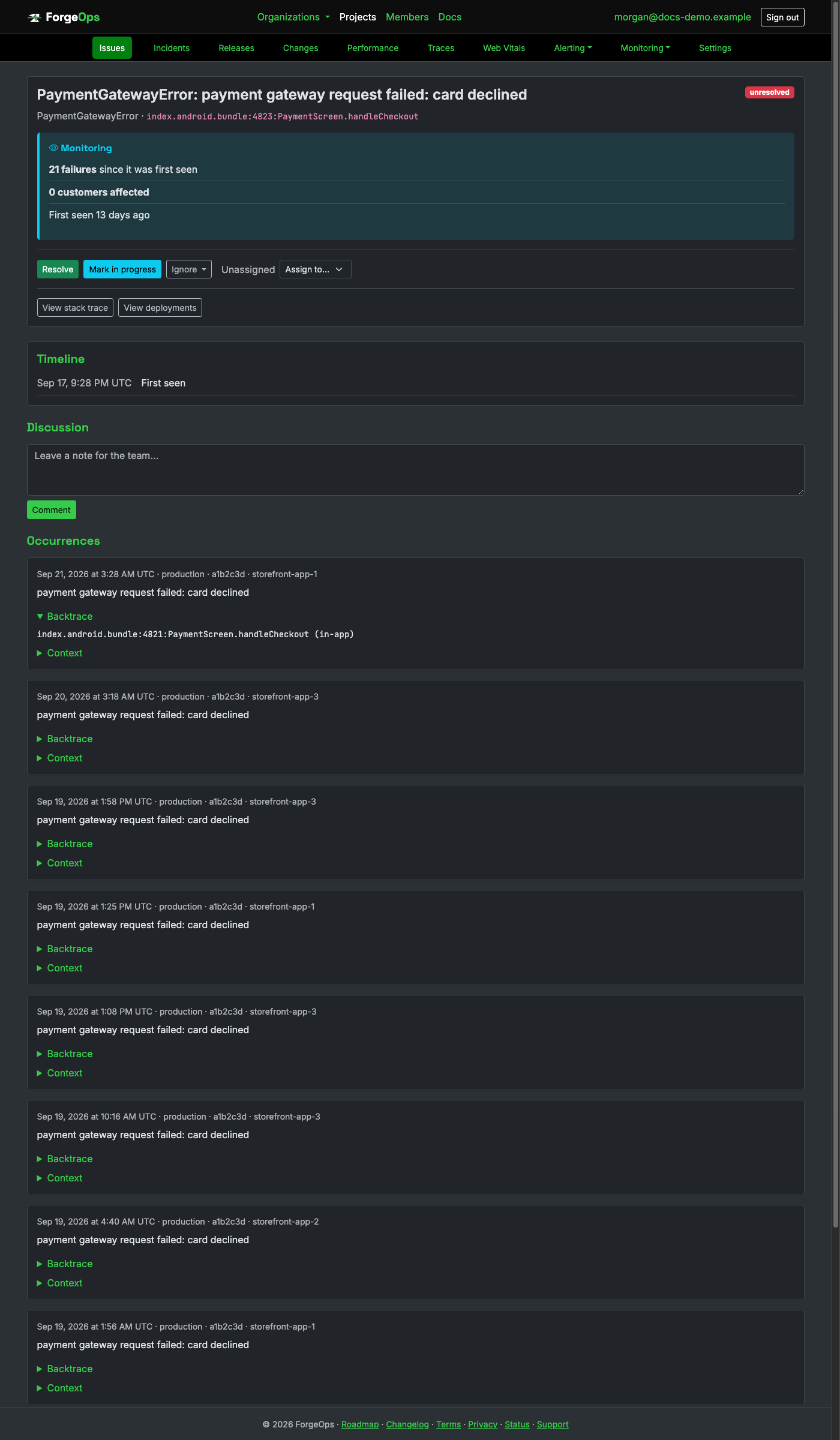 A React Native issue's detail page, showing its backtrace parsed from Hermes's V8-compatible Error#stack