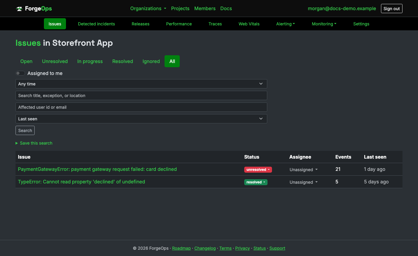 The issue list for a project reporting from a React Native app