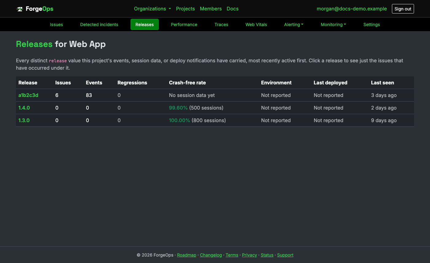 A project's releases page, showing issue/event counts and crash-free rate per release