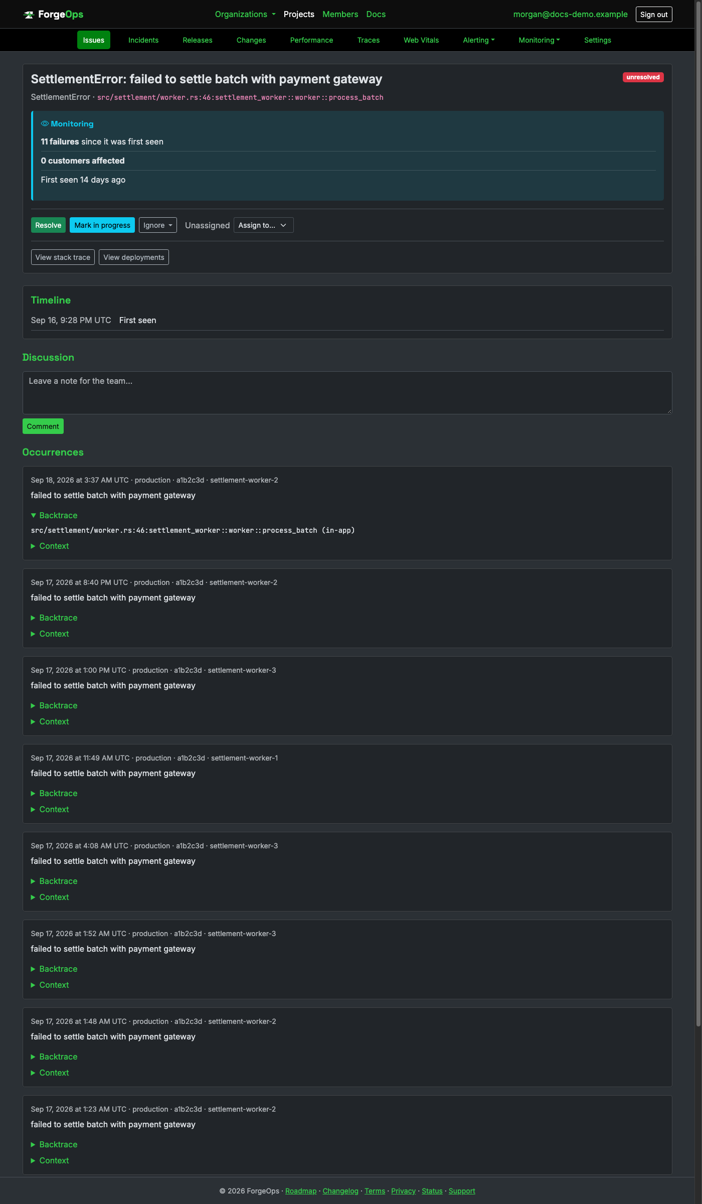 A Rust issue's detail page, showing its backtrace captured at the point capture_error or the panic hook fired