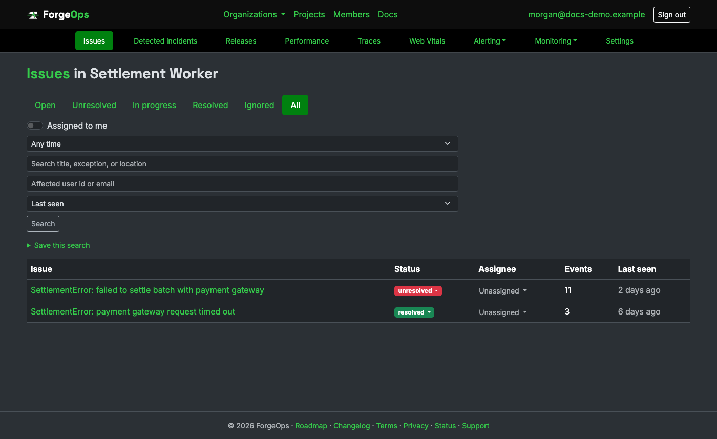The issue list for a project reporting from a Rust app