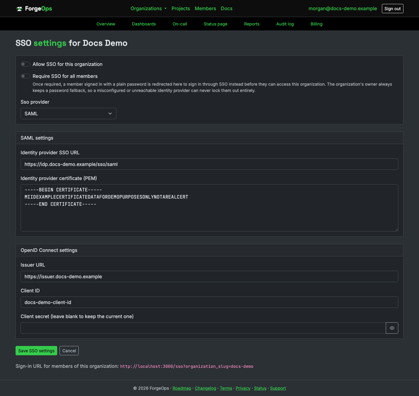 SSO settings for an organization