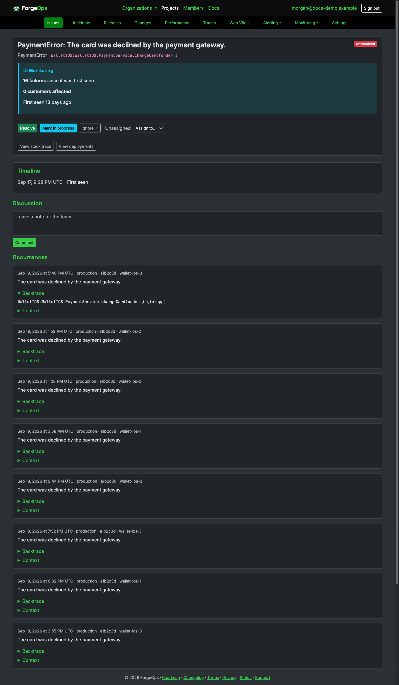 A Swift issue's detail page, showing its callStackSymbols-based backtrace with no line numbers