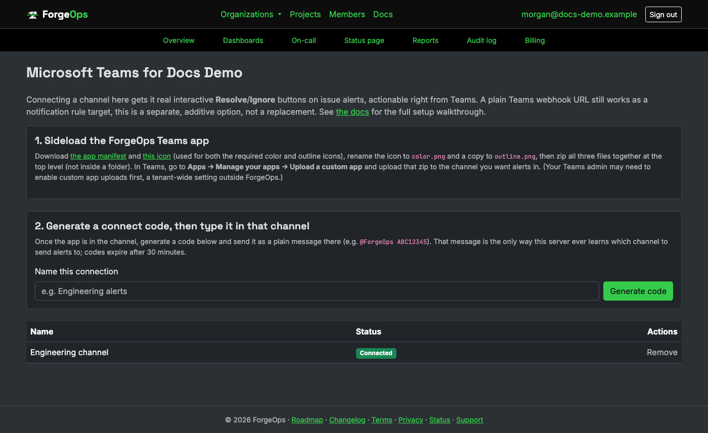 The Teams settings for an organization, showing a connected channel and one still waiting for its code