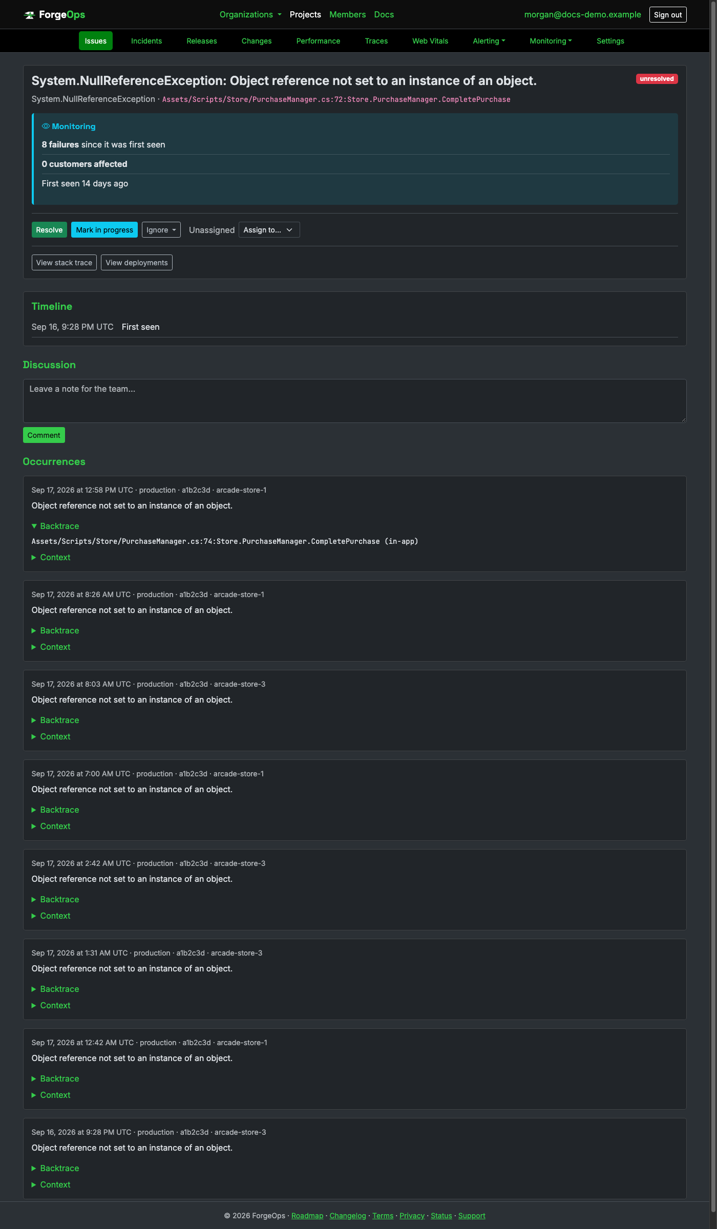 A Unity issue's detail page, showing its backtrace parsed from a caught exception's own StackTrace