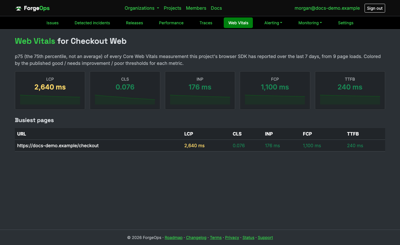 A project's Web Vitals page, showing p75 metrics overall and per busiest URL