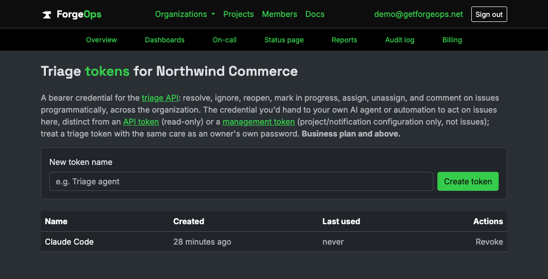 An organization's Triage tokens page, showing a real named token already created and ready to revoke