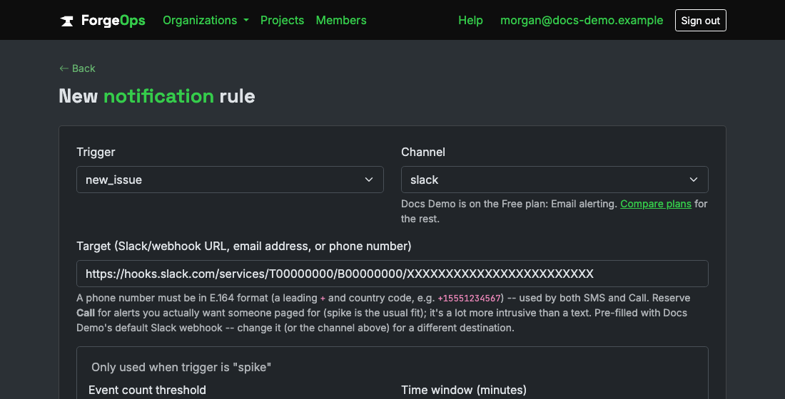 The new notification rule form, showing the trigger and channel dropdowns, target field, and spike threshold fields