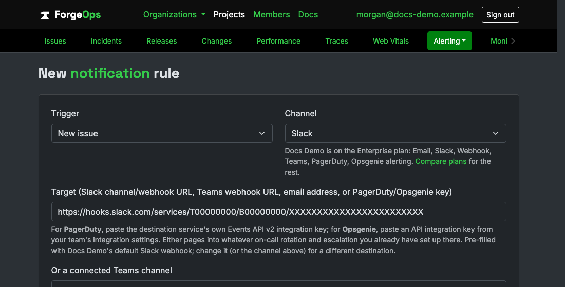 The new notification rule form, showing the trigger and channel dropdowns, target field, and spike threshold fields