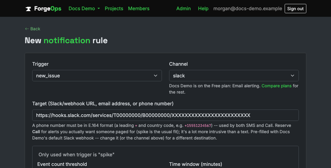 The new notification rule form, showing the trigger and channel dropdowns, target field, and spike threshold fields