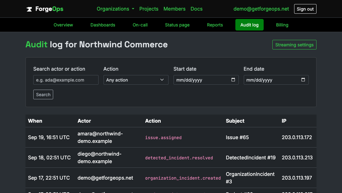 An organization's audit log, filterable by actor, action, and date range, showing real entries like issue.assigned and project.api_key_rotated