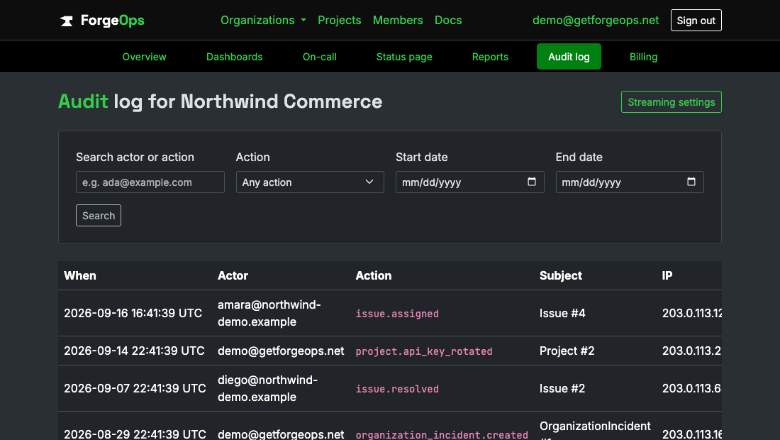 An organization's audit log, filterable by actor, action, and date range, showing real entries like issue.assigned and project.api_key_rotated
