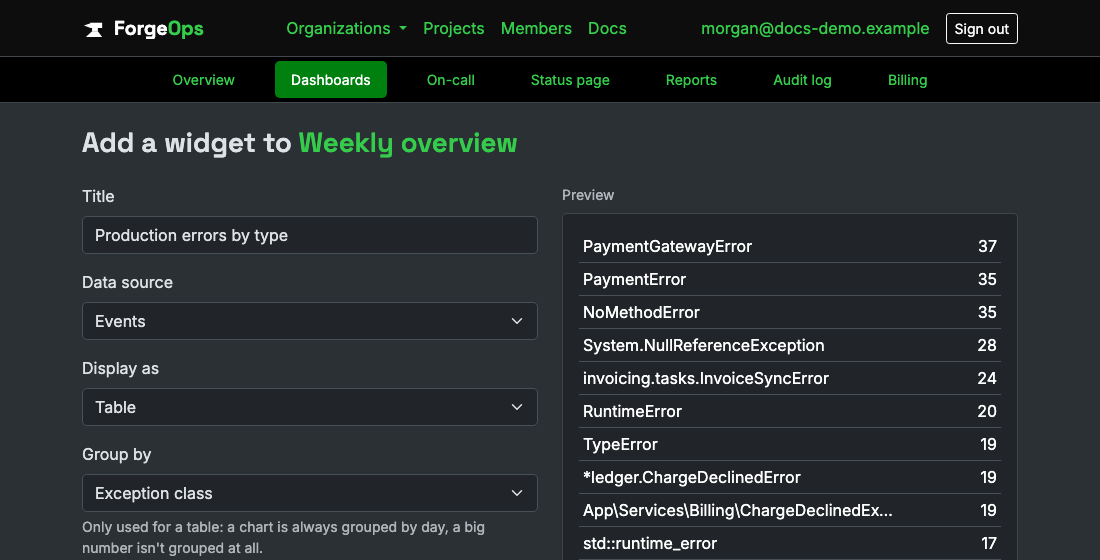 The widget builder form, configuring a table of production events grouped by exception class, with a live preview of the result alongside it