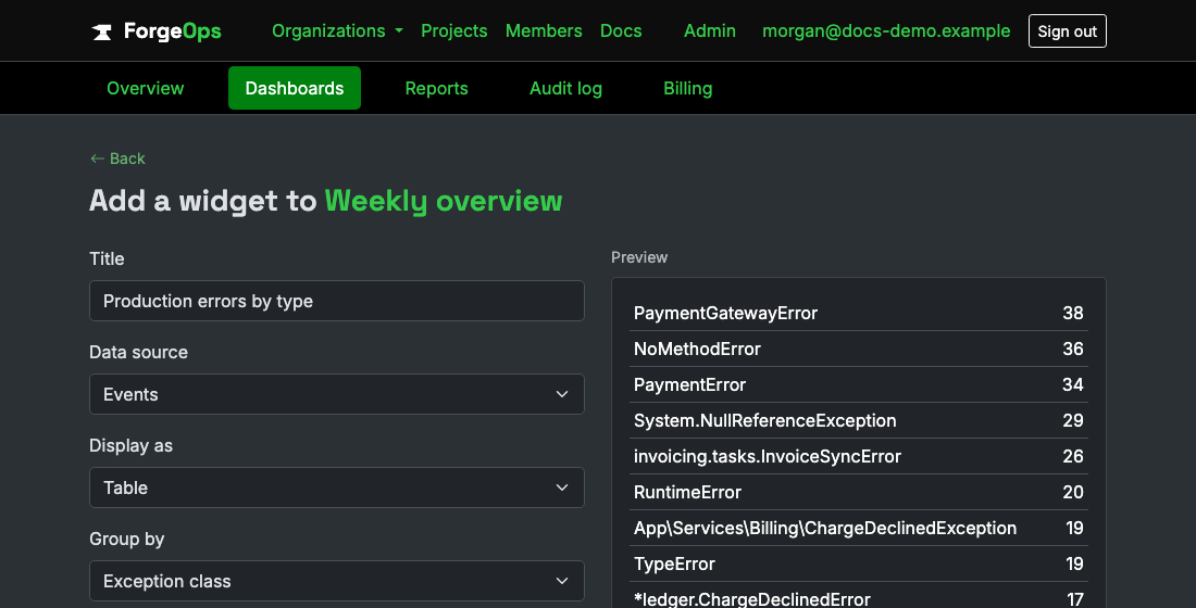 The widget builder form, configuring a table of production events grouped by exception class, with a live preview of the result alongside it