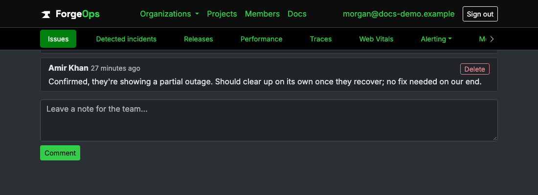 An issue's Discussion thread, showing two teammates trading notes about the same underlying error
