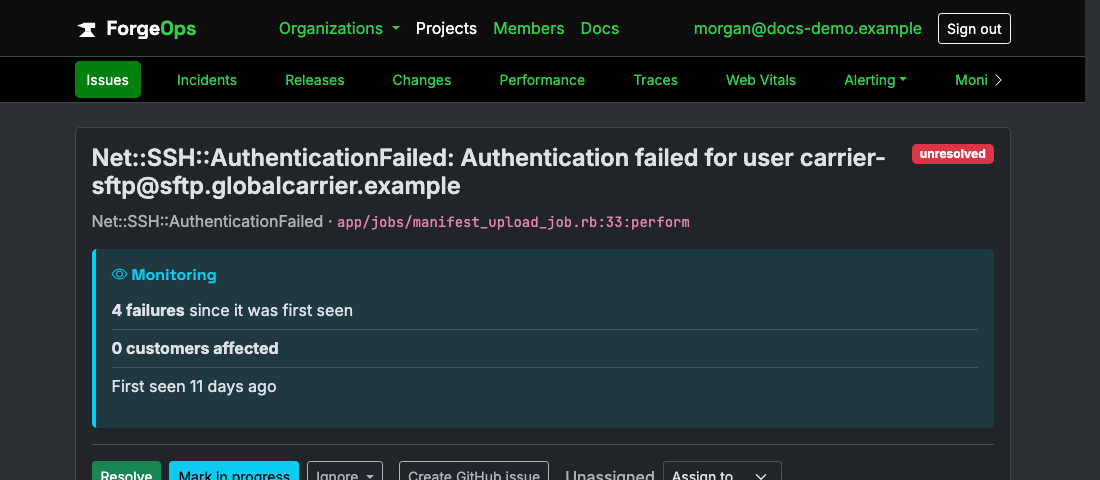 An issue's occurrence card with its Context section expanded, showing a JSON payload describing a failed SFTP upload to a partner