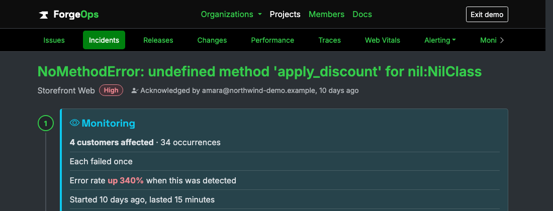 An incident's header and first step, showing High severity, 4 customers affected, and a real 340% error rate increase