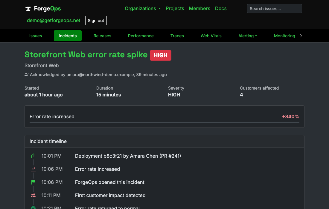 A detected incident's own page, showing its severity, the real error-rate increase, and its own timeline starting with a nearby deploy