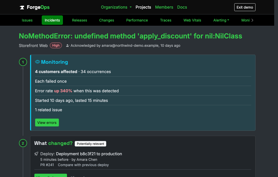 An incident's page opening with its numbered steps: 4 customers affected and the error rate up 340 percent, then what changed just before it, deployment b8c3f21 by Amara Chen with its pull request