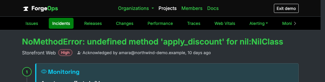An incident titled directly after the real issue driving it, NoMethodError: undefined method apply_discount for nil:NilClass, rather than a generic error rate spike