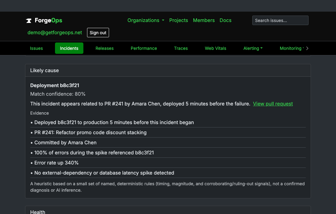 An incident's Likely cause section, showing an 80% confidence match on a deployment, its own evidence list, and a link to the real pull request